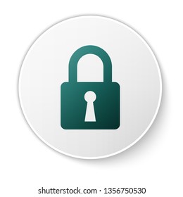 Green Lock icon isolated on white background. Closed padlock sign. Cyber security concept. Digital data protection. Safety safety. White circle button. Vector Illustration