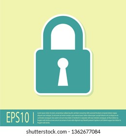 Green Lock icon isolated on yellow background. Closed padlock sign. Cyber security concept. Digital data protection. Safety safety. Vector Illustration
