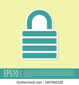 Green Lock icon isolated on yellow background. Padlock sign. Security, safety, protection, privacy concept. Vector Illustration