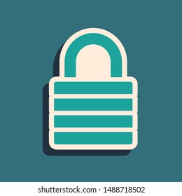 Green Lock icon isolated on blue background. Padlock sign. Security, safety, protection, privacy concept. Long shadow style. Vector Illustration
