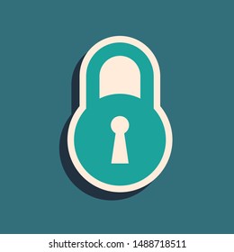 Green Lock icon isolated on blue background. Padlock sign. Security, safety, protection, privacy concept. Long shadow style. Vector Illustration