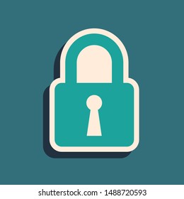 Green Lock icon isolated on blue background. Closed padlock sign. Cyber security concept. Digital data protection. Safety safety. Long shadow style. Vector Illustration