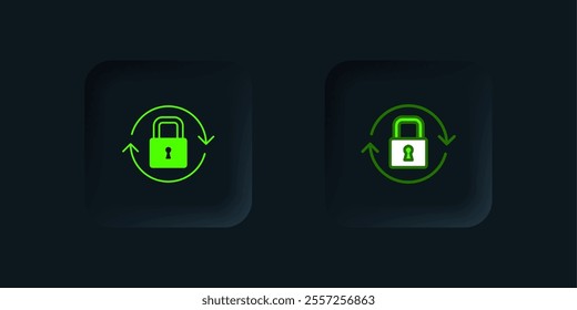 Green Lock icon isolated on black background. Padlock sign. Security, safety, protection, privacy concept. Black square button. Vector