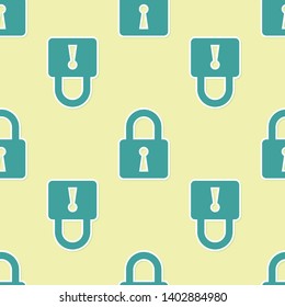 Green Lock icon isolated seamless pattern on yellow background. Closed padlock sign. Cyber security concept. Digital data protection. Safety safety. Vector Illustration