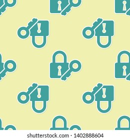 Green Lock and key icon isolated seamless pattern on yellow background. Padlock sign. Security, safety, protection, privacy concept. Vector Illustration
