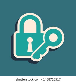 Green Lock and key icon isolated on blue background. Padlock sign. Security, safety, protection, privacy concept. Long shadow style. Vector Illustration