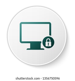 Green Lock on computer monitor screen icon isolated on white background. Monitor and padlock. Security, safety, protection concept. Safe internetwork. White circle button. Vector Illustration