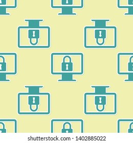 Green Lock on computer monitor screen icon isolated seamless pattern on yellow background. Monitor and padlock. Security, safety, protection concept. Safe internetwork. Vector Illustration