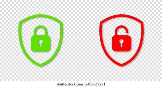 Cerradura verde y candado rojo de desbloqueo con iconos en mal estado. Ilustración de clipart vectorial en un fondo transparente. Para sitio web o aplicación móvil sobre información de seguridad.