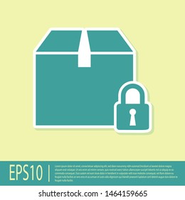Green Locked package icon isolated on yellow background. Lock and cardboard box.  Vector Illustration