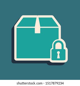 Green Locked package icon isolated on blue background. Lock and cardboard box. Long shadow style. Vector Illustration