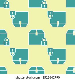 Green Locked package icon isolated seamless pattern on yellow background. Lock and cardboard box.  Vector Illustration
