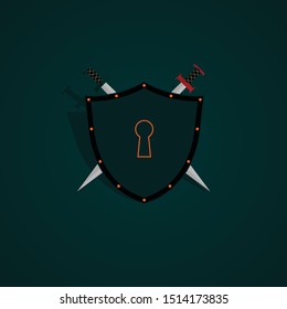 Green Locked Shield and Sword set cartoon vector