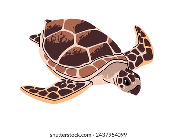 Green or loggerhead sea turtle with ornamented shell. Cute amphibian of ocean. Tropical water reptile. Undersea reptilian. Underwater fauna. Flat isolated vector illustration on white background