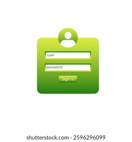 A green login form with a user icon, two fields for username and password, and a sign-in button.