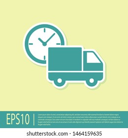 Green Logistics delivery truck and clock icon isolated on yellow background. Delivery time icon.  Vector Illustration