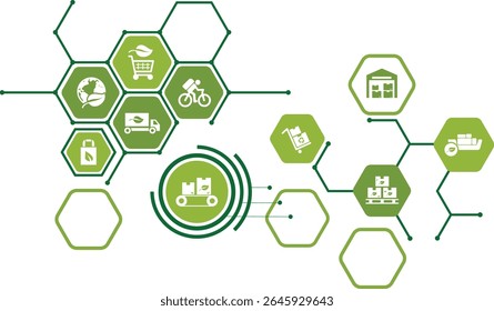 logística verde y Ilustración vectorial de la cadena de suministro. Concepto con iconos conectados relacionados con el transporte sostenible	