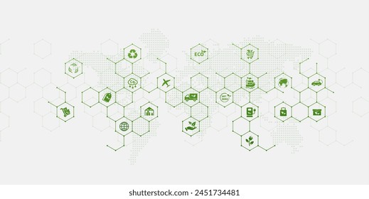 Green logistics or Sustainable transport. Business sustainable strategy for global shipment or cargo shipping. transportation with clean energy process to Net zero carbon emission.vector illustration