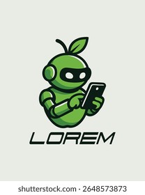 Green logo of an apple robot browsing smartphone. Tech logo, icon, background, futuristic, ai, robot. 