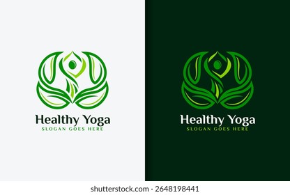 Green logo combining leaf and person in yoga pose, designed in minimalist style. Perfect for wellness, yoga studios, eco brands, and health-focused businesses.
