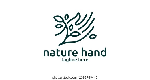 green logo design with a combination of hand and plant elements.