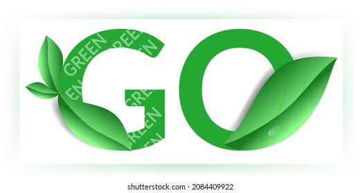 Green Logo. Environmental concept. Lettering with leaves. Become green. Realistic vector illustration. World Environment Day. Green leaves. Ecology badge.