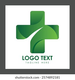 A green logo featuring a stylized cross shape with smooth curves and gradients