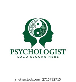 Un logotipo verde con dos siluetas de cabeza humana con un símbolo yin yang y un patrón de placa de circuito, que representa la intersección de la psicología y la tecnología. El diseño es simple, pero eficaz, por lo que es adecuado para la marca de un psicólogo.