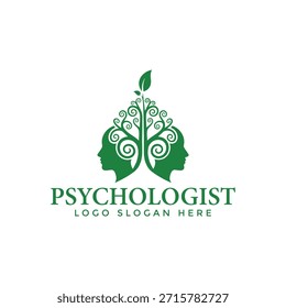 A green logo featuring two human head silhouettes with a plant growing between them, symbolizing growth and harmony. The design represents psychology, therapy, and wellness, making it perfect for a psychologist's brand or practice.