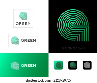 Green logo. G monogram consists of some thin lines. Identity, corporate style, app button set.