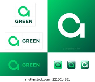 Green logo. G monogram as spiral shape. Identity, corporate style, app button set. Logo for business, eco product, clothes, internet, web design, app, online shop.