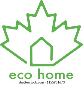 Green logo with house and maple leaf Canadian symbol. Canada eco flag. Concept of safe protection of environment, life in ethical safe apartment in America or immigration and migration family programs