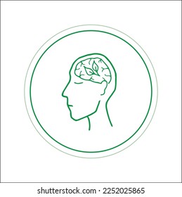 Green logo with human had and tree leaves. Thinking about nature. Vector illustration.