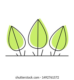 Green logo or icon with leaf. Concept of eco style, vegan food, bio organic products, save the eatrh, planet. Vector illustration with thin lines isolated on white background.