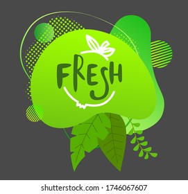 Green logo indefinite shape, ecological design. The lettering "Fresh." Green juicy leaves and dots. Eco friendly design. Fruits, vegetables, food and drinks. Flat illustration isolated on grey