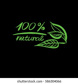 Green logo with leafs on black background. Vector hand drawn graphic illustration.