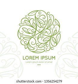 Green logo with a linear leaf ornament in a circle shape. Can be used as monogram and emblem. Luxury vintage vector template with elegant elements. Great for wallpaper or background decoration.