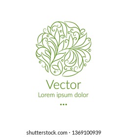 Green logo with a linear leaf ornament in a circle shape. Can be used as monogram and emblem. Luxury vintage vector template with elegant elements. Great for wallpaper or background decoration.