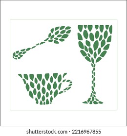 Green logo made with many elements in shape of tree leaves. Vector illustration. Wine glass, coffee cup and spoon