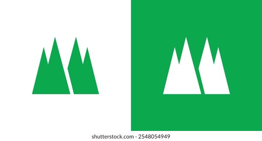 Un logotipo verde con un símbolo de montaña o árbol que forma la letra M es simple y efectivo, ideal para la marca de aventura, viajes, productos y negocios.