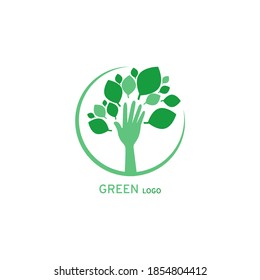 Green logo on the theme of nature. The green hand looks like a leafy tree trunk. Vector illustration, flat cartoon color minimal design, isolated on white background, eps 10.