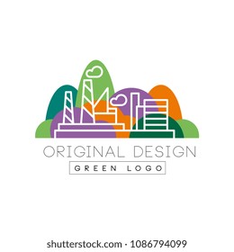 Green logo original design, city park and factory building emblem in linear style vector Illustration