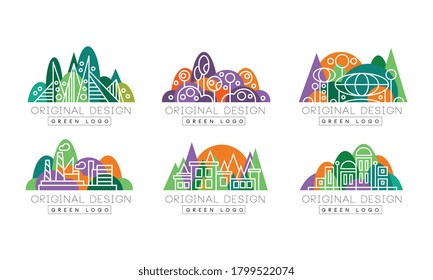 Green Logo Original Design Set, Real Estate, City Landscape, Construction Company Badge Vector Illustration