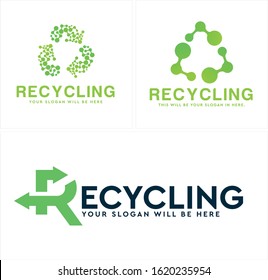 Green logo recycle triangle arrow circuit tech and letter R vector template suitable for icon ecological lifestyle reuse reduce environment