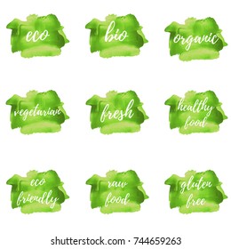 Green logo set eco bio organic vegetarian fresh healthy food eco friendly raw food gluten free, hand drawn painting, acrylic textured label, emblem organic design template
