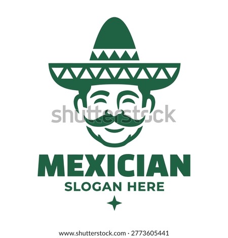 Green logo of smiling mexican man with sombrero hat and mustache, slogan here, cheerful face