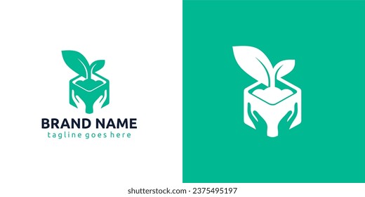 Green logo template design. Leaf icon. Green company symbol. Vector illustration. Hands Holding Box Logotype concept negative space icon.