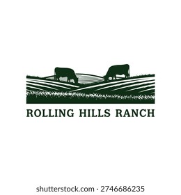 Green logo-style illustration of grazing cows on rolling hills and cultivated fields. Evoking rural ranching, agriculture, pastoral landscape and rustic farm branding for packaging or signage.