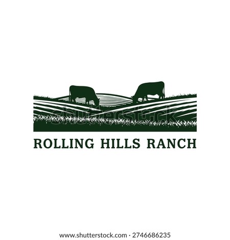 Green logo-style illustration of grazing cows on rolling hills and cultivated fields. Evoking rural ranching, agriculture, pastoral landscape and rustic farm branding for packaging or signage.