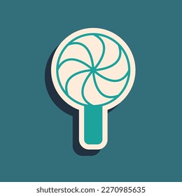 Green Lollipop icon isolated on green background. Candy sign. Food, delicious symbol. Long shadow style. Vector